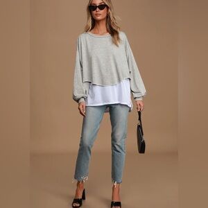 Lulus Turn Up the Stereo White and Grey Layered Pullover Sweater Top XS